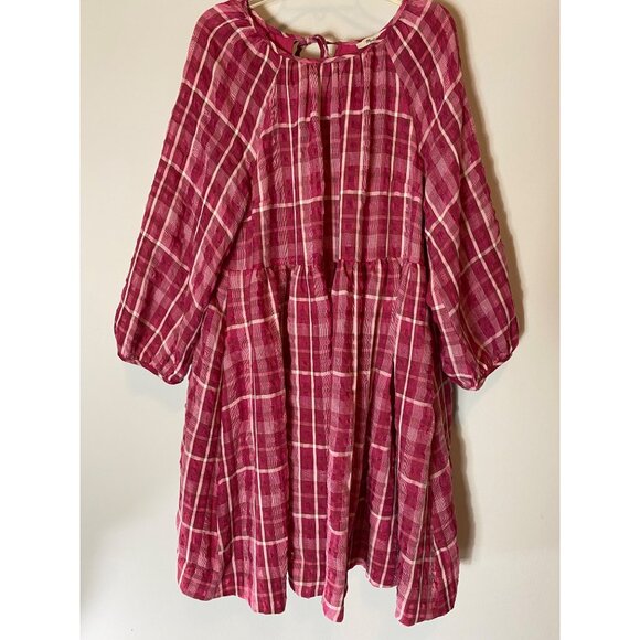 Madewell Baby Doll Dress Plaid Pink/White Puff Sleeve Keyhole Back Small - Picture 2 of 13